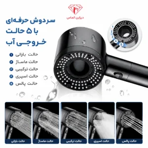 سردوش فشار قوی کاهنده مصرف آب 5 حالته . افزایش فشار آب . دوش فشار بالا